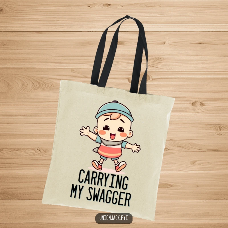 Funny tote bag with a character performing a silly march with extremely exaggerated steps, showcasing playful movement.