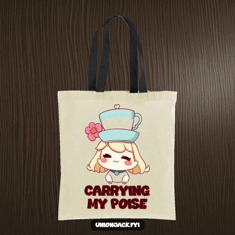 Funny Tote Bag: Character balancing a teacup on their head and winking, perfect for carrying items with a playful flair.