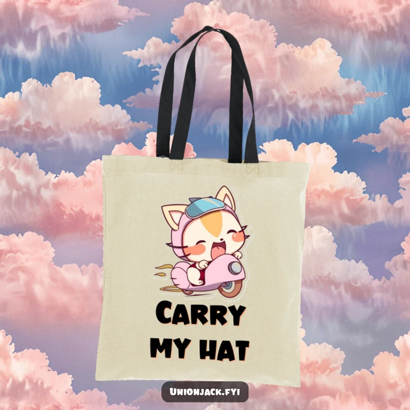 Funny tote bag with a character sticking its tongue out playfully from beneath a bowler hat, perfect for everyday use.