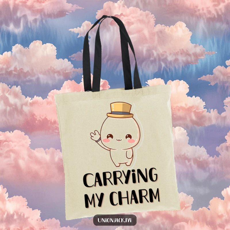 Funny tote bag with a cute character in a tiny top hat, cheerfully waving, perfect for stylish and friendly everyday use.