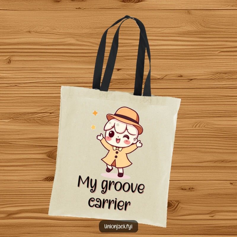 Funny tote bag showcasing a character doing a silly dance with a bowler hat, perfect for carrying items with a touch of whimsical fun.