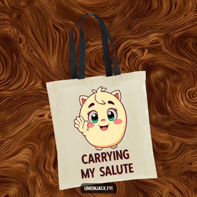 Funny tote bag depicting a happy character with wide eyes and a playful grin, giving an enthusiastic salute, perfect for shopping with a smile.
