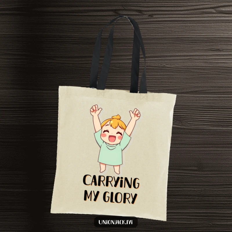 Funny Tote Bag: Character cheering with arms raised in triumph, perfect for carrying items and celebrating wins.