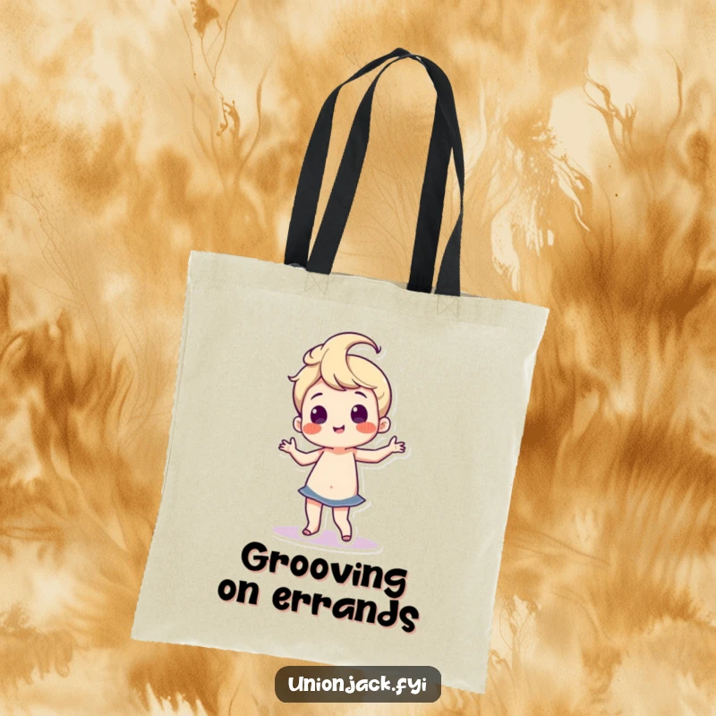 Funny tote bag featuring a character doing a silly, proud dance with wiggling hips, perfect for carrying items with a dose of humor.