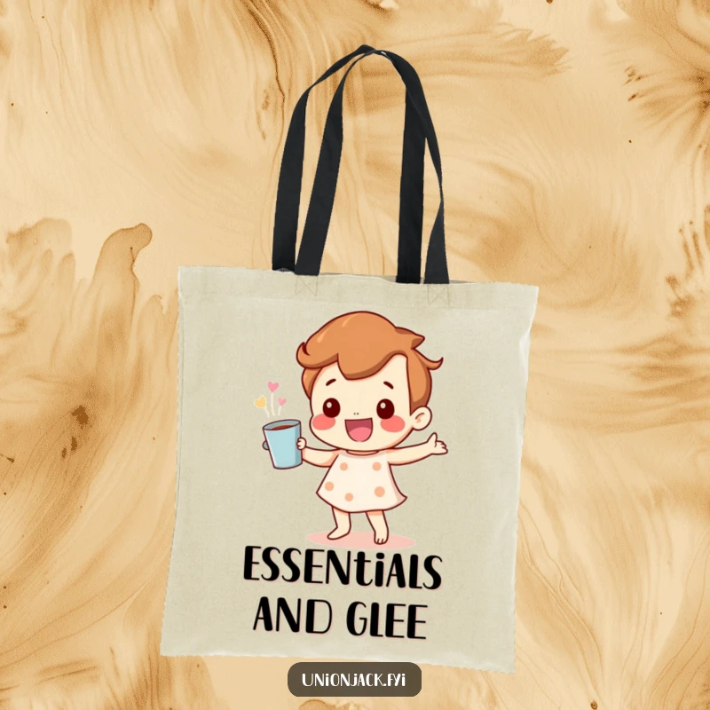 Funny Tote Bag: A happy character dancing with a cup, perfect for carrying daily items while spreading infectious joy and positivity.